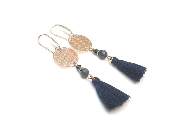 BOHO - rose gold rosette /navy/ - kolczyki