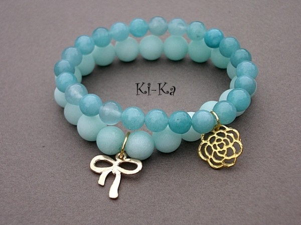 LIGHT BLUE,GOLD BOW AND ROSE - BRANSOLETKI